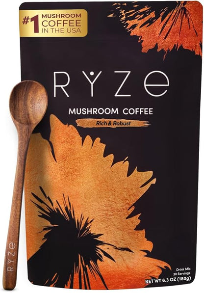 RYZE SUPERFOODS Mushroom Coffee Dark Roast, 6 Adaptogenic Mushrooms & Prebiotic Blend, Instant Coffee Supports Energy, Focus, Digestion & Immunity, Lions Mane & Turkey Tail, 30 Servings. - Renee Lane Company