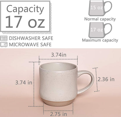Bosmarlin Large Stoneware Speckled Coffee Mugs Set of 2, Big Ceramic Tea Cup, 17 Oz, Dishwasher and Microwave Safe (White, 2)