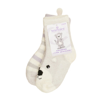 Cream crew socks 2-pack with lilac stripes and Marshmallow Bear face appliques
