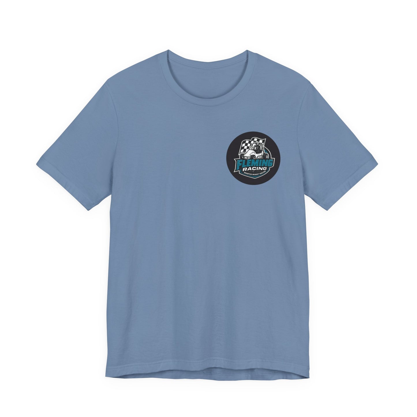 Steel blue racing logo T-shirt with round emblem on the chest