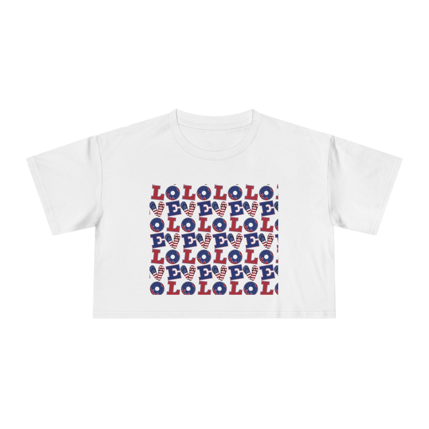 White graphic crop tee with multicolor “LOL” block print