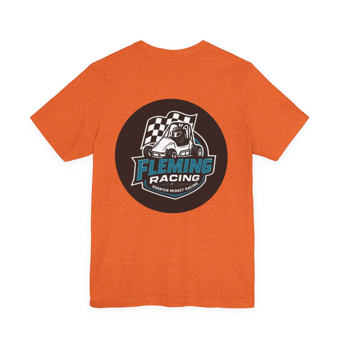 Burnt orange racing logo T-shirt with circular Fleming Racing emblem on the chest.
