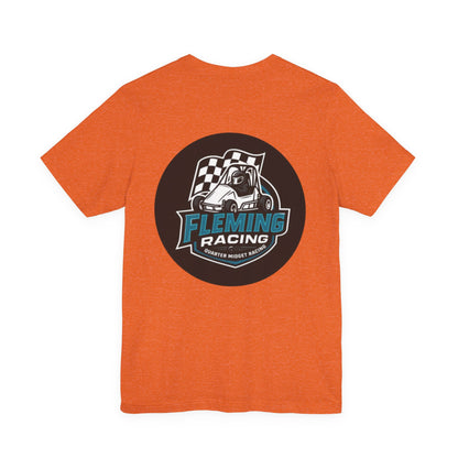 Orange heather racing logo T-shirt with Fleming Racing checkered emblem