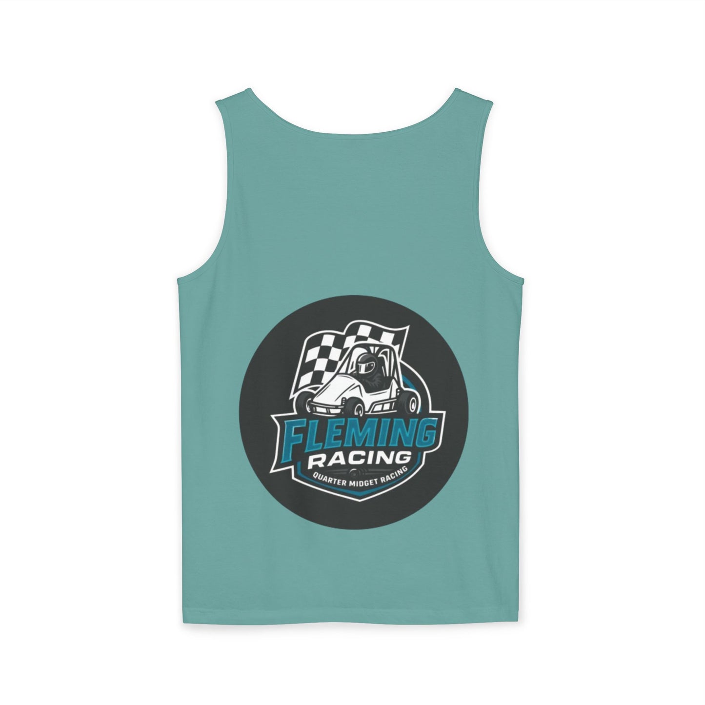 Teal racing tank top with Fleming Racing motorsports graphic centered on chest