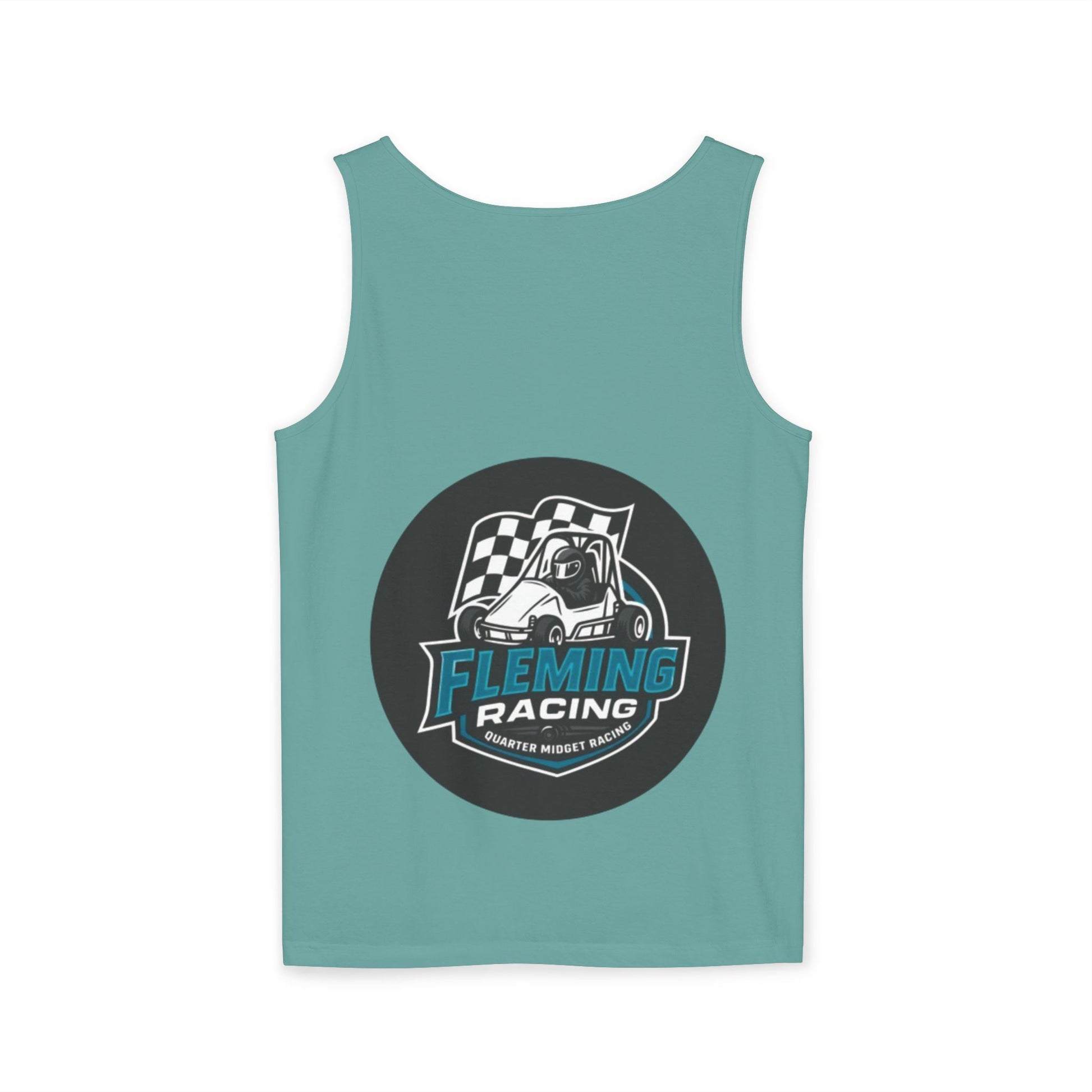 Teal racing tank top with Fleming Racing motorsports graphic centered on chest