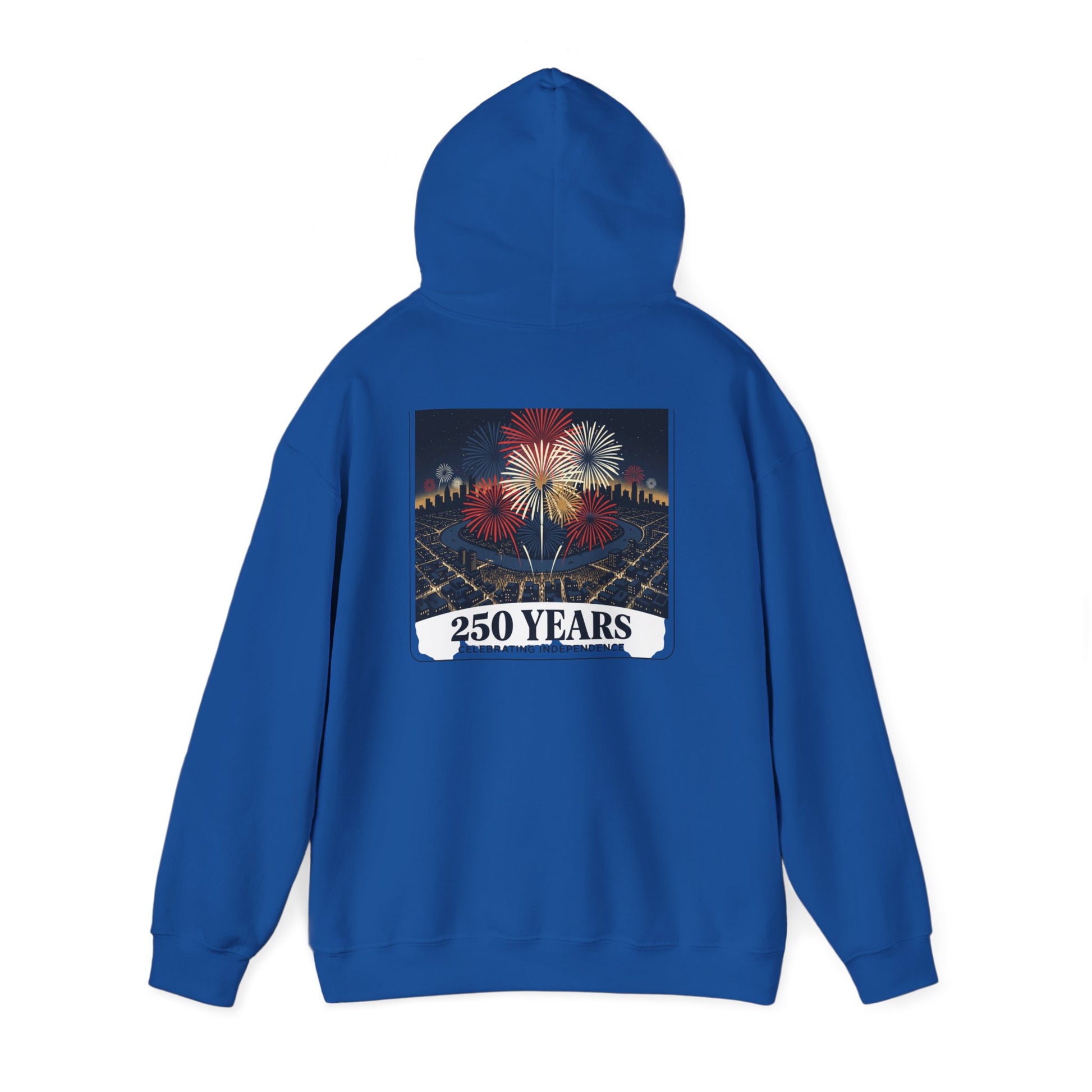 Royal blue graphic hoodie, hooded back view with “250 years” fireworks print