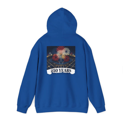 Royal blue graphic hoodie, hooded back view with “250 years” fireworks print