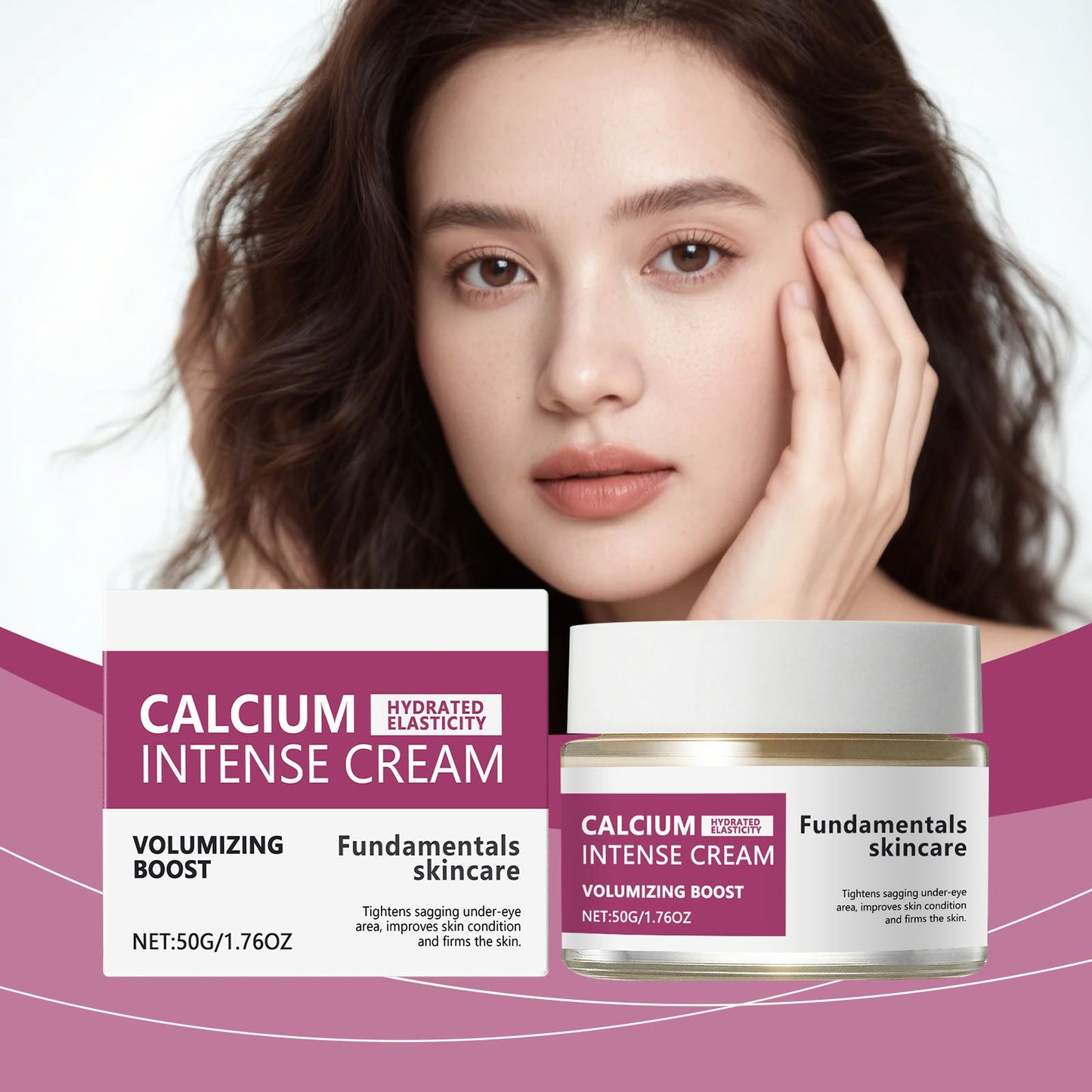 Moisturizing cream jar with gold lid and matching box in front of a woman’s face.