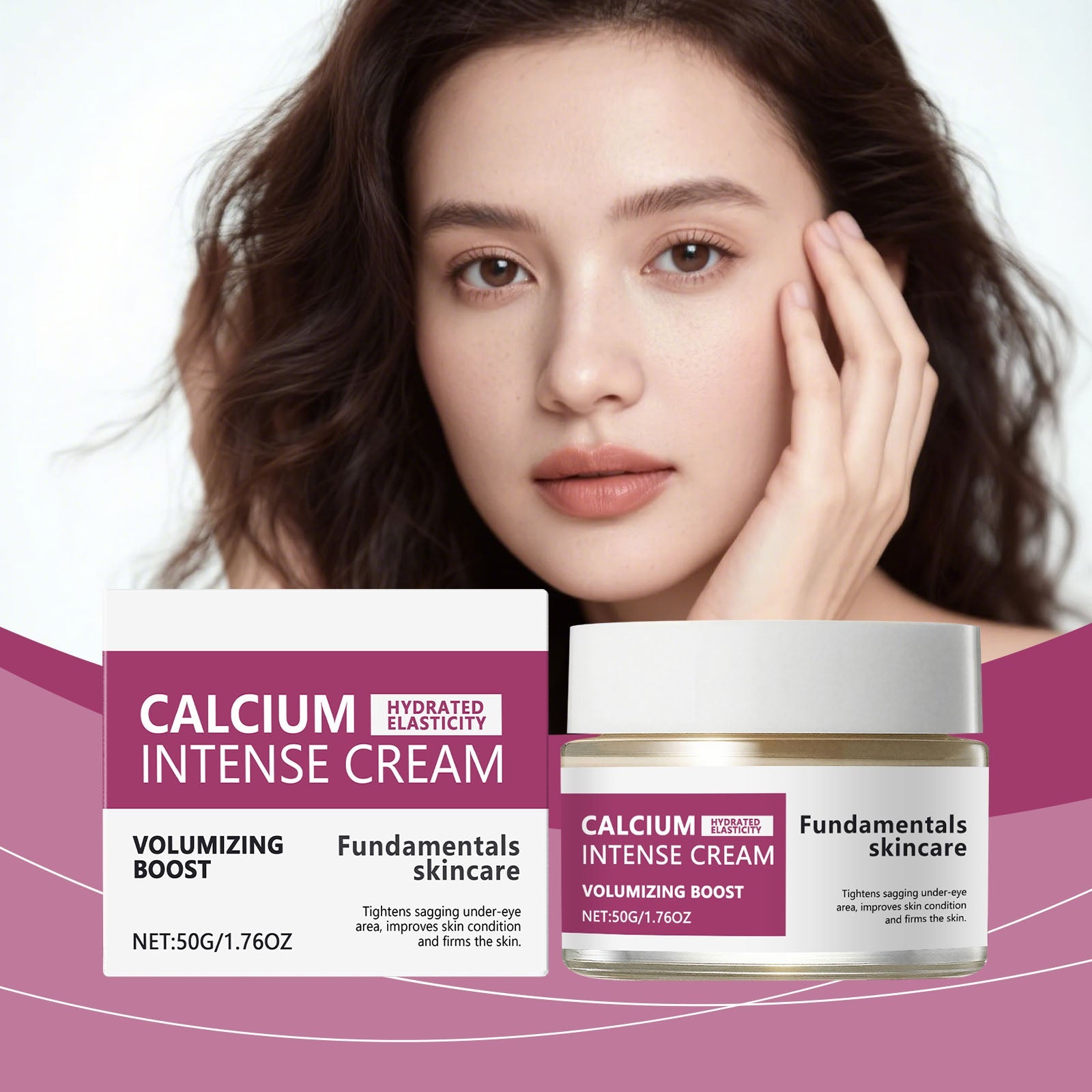 Moisturizing cream jar with gold lid and matching box in front of a woman’s face.