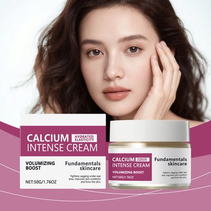 Moisturizing cream jar with gold lid and matching box in front of a woman’s face.