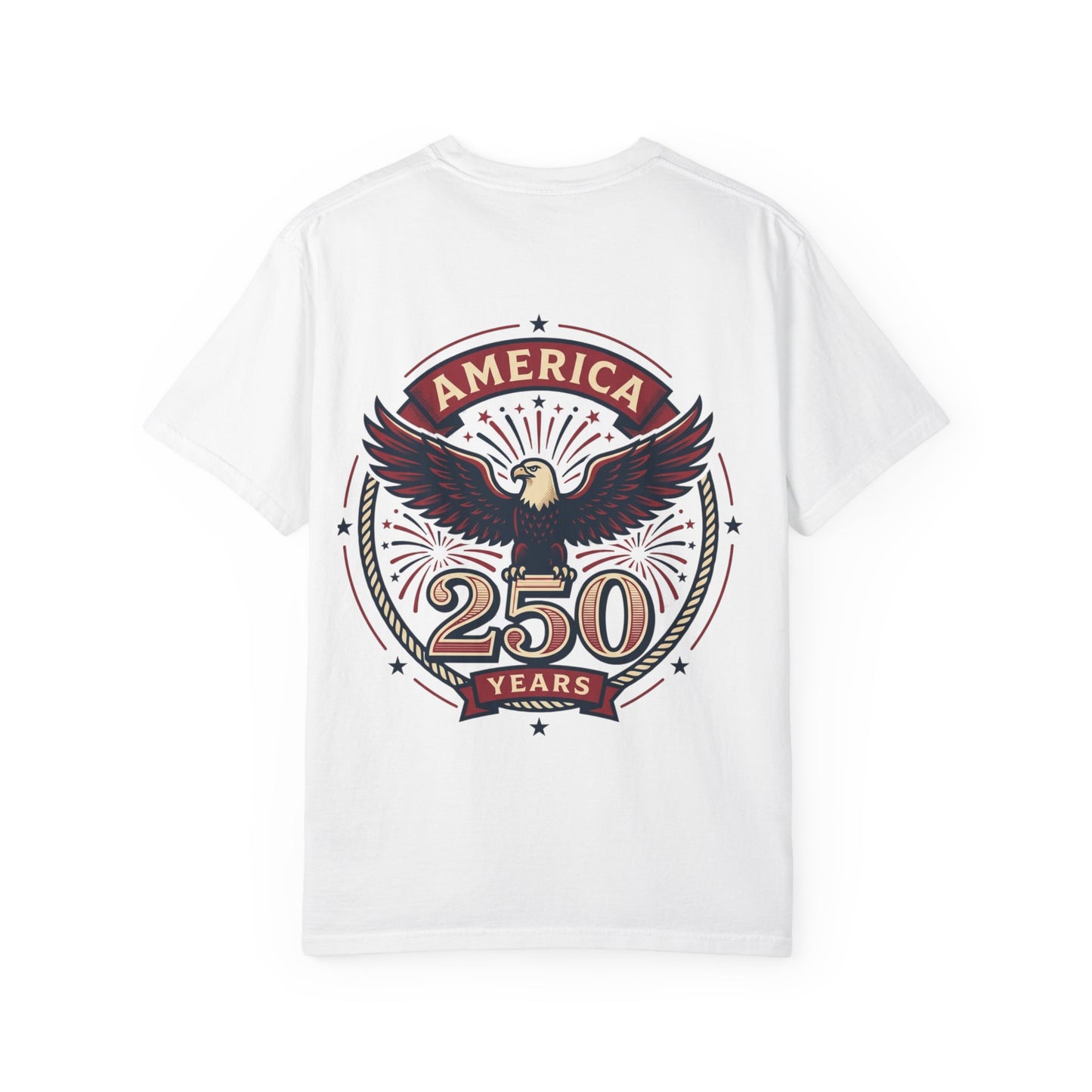 White unisex t-shirt with “America 250 Years” eagle emblem graphic