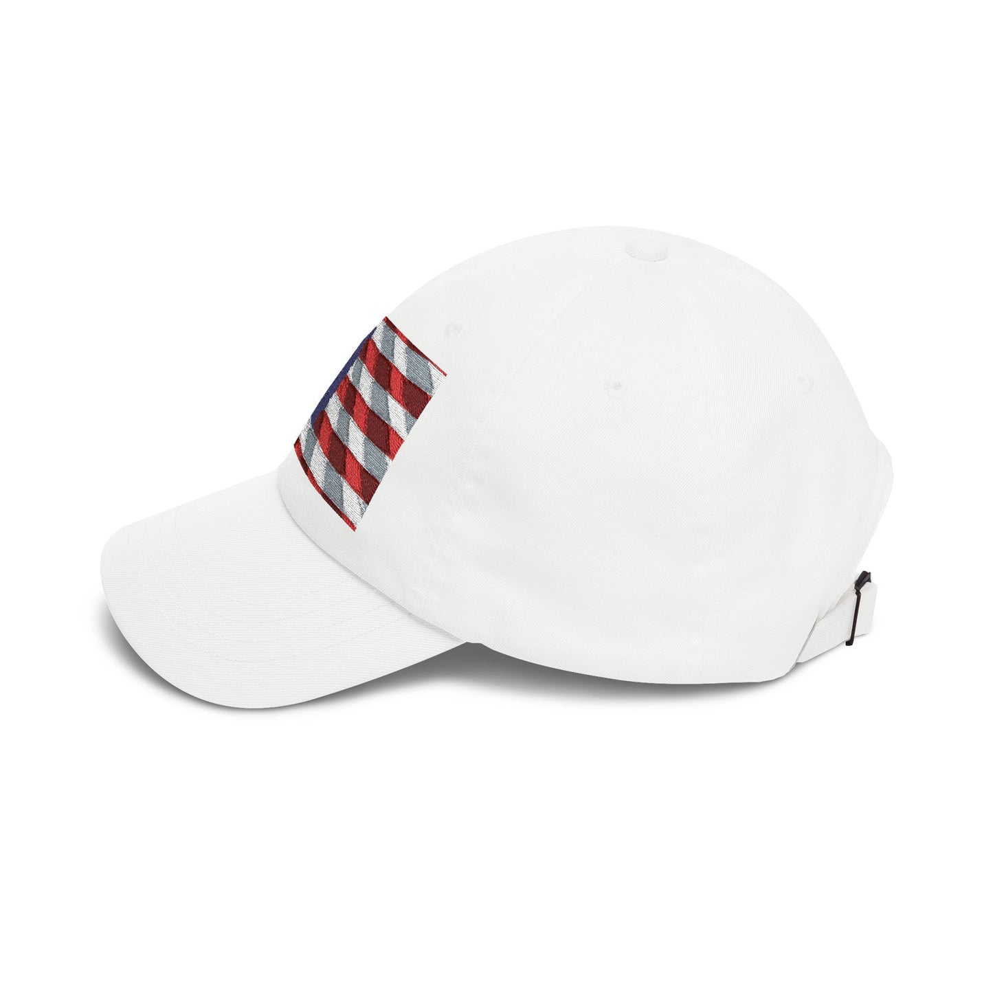 White dad cap with small distressed American flag patch on the side