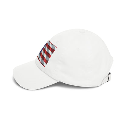 White dad cap with small distressed American flag patch on the side