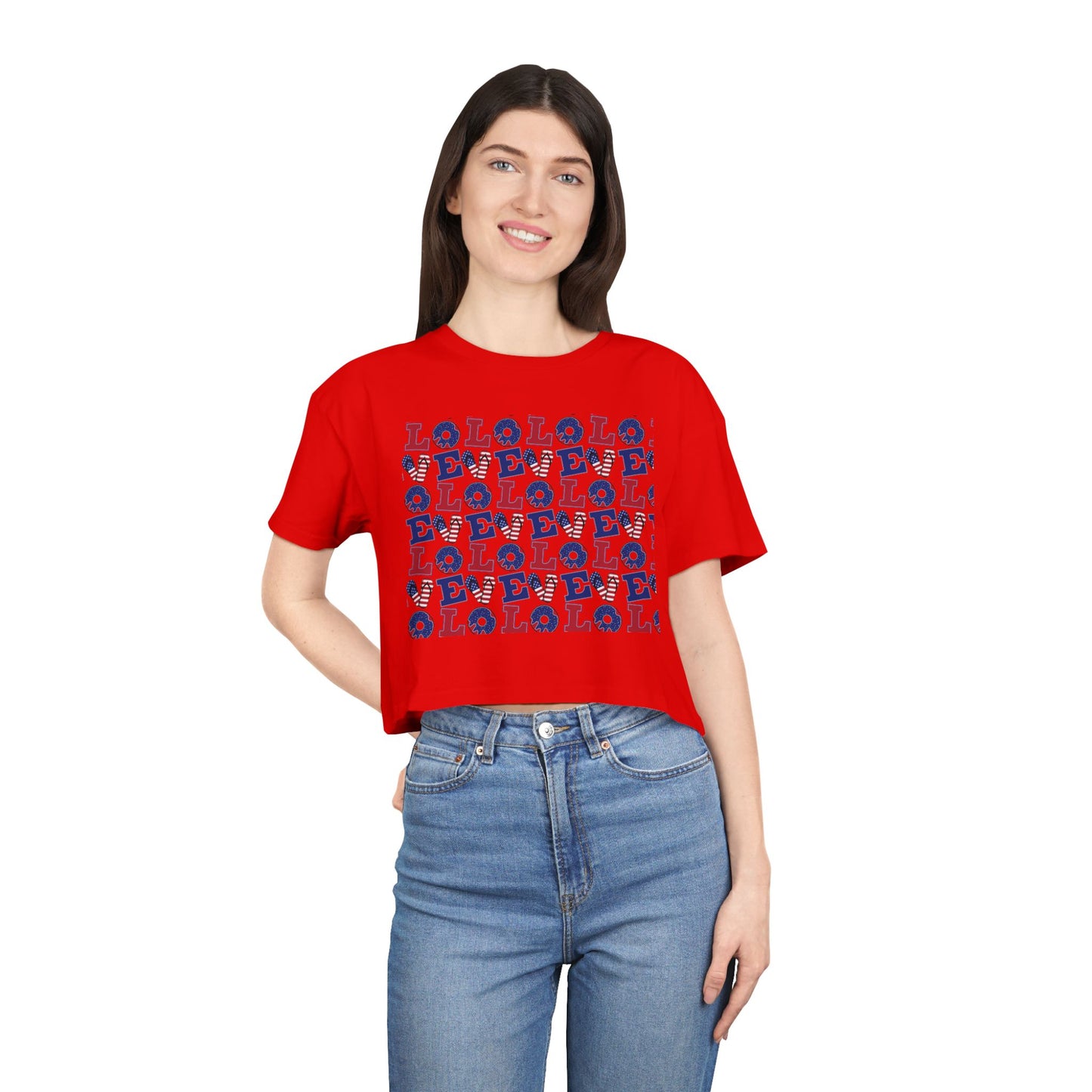 Crop graphic tee on model, red with multicolor LOLO print and crew neckline