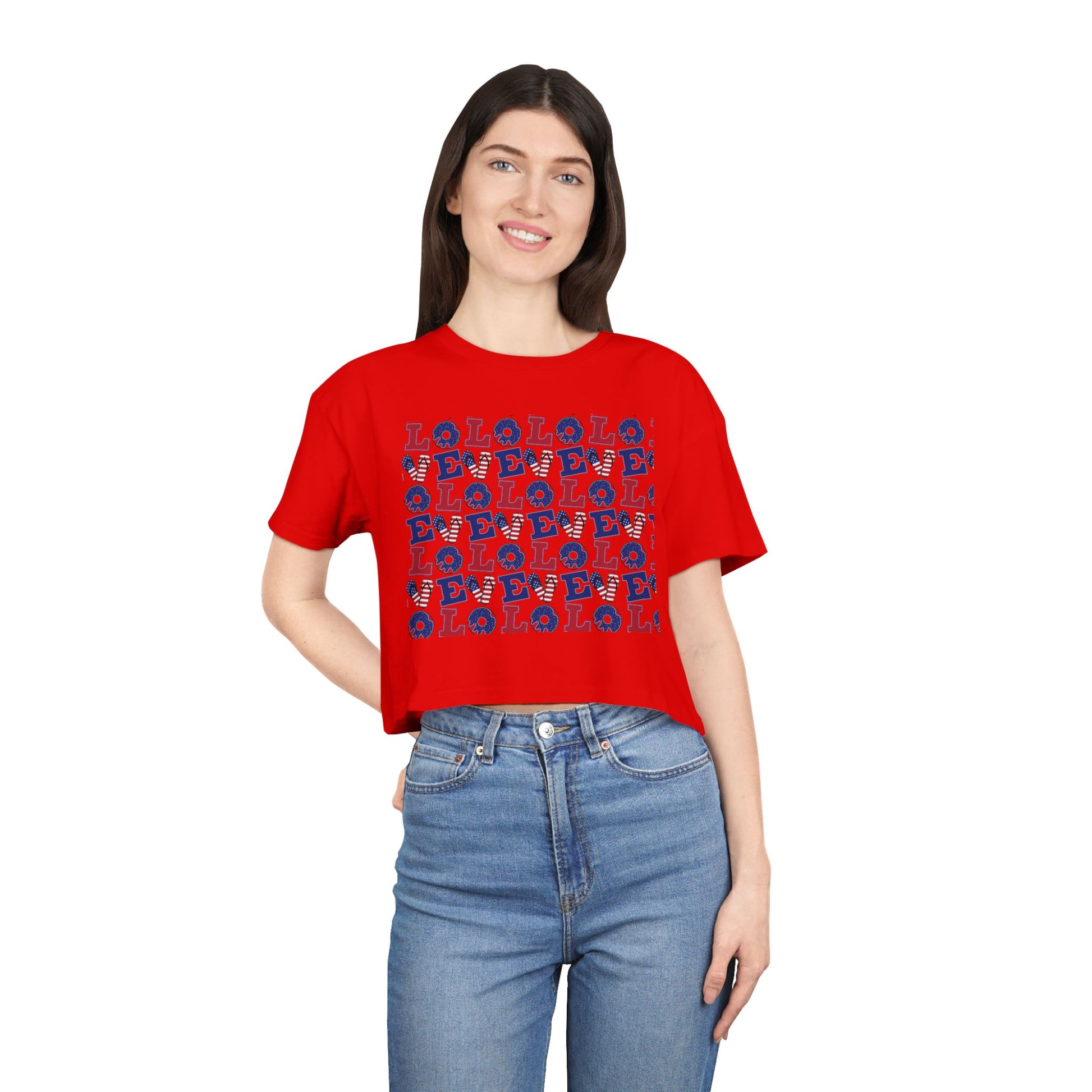 Crop graphic tee on model, red with multicolor LOLO print and crew neckline