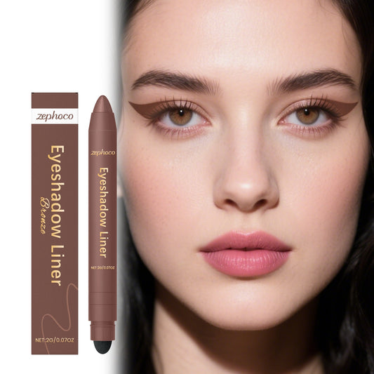 Bronze eyeliner pen with fine tip; model wears a bronze winged eye look