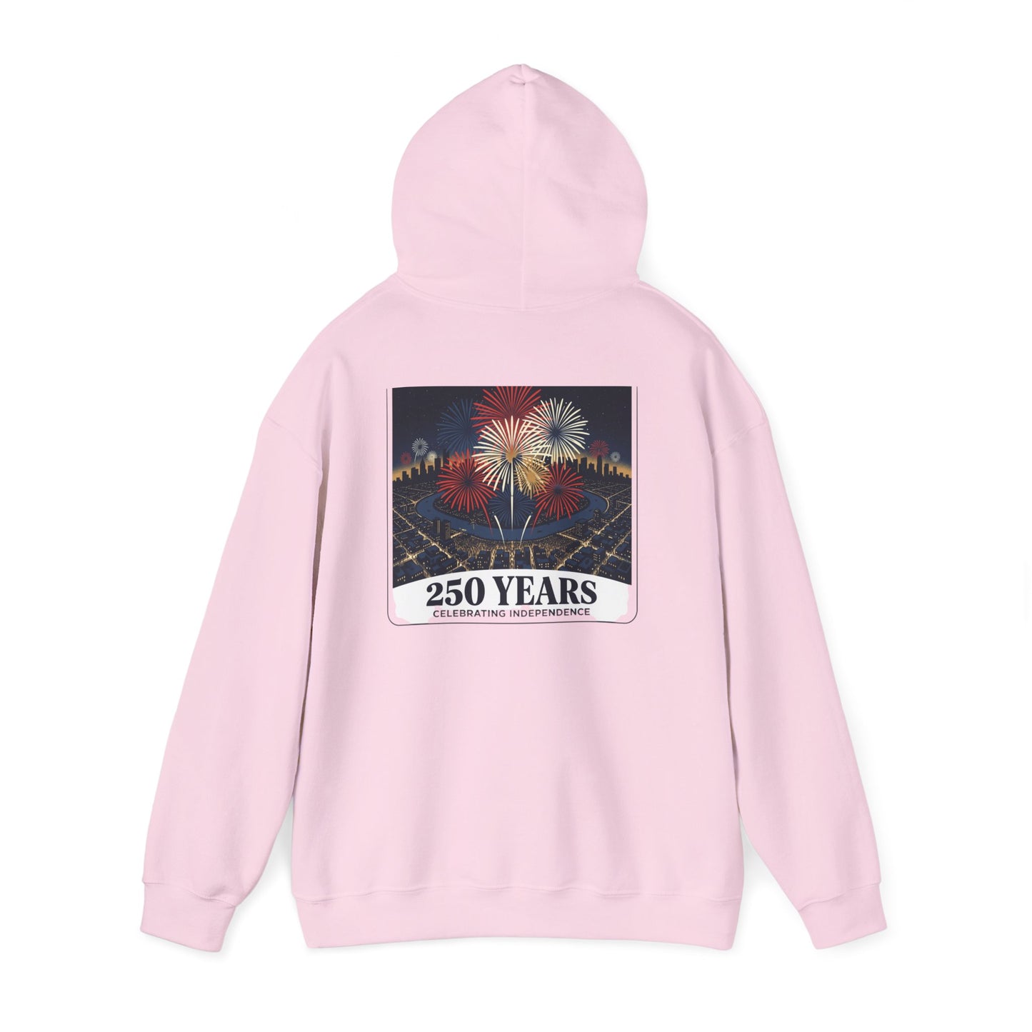Pink hoodie back view with fireworks graphic and "250 YEARS" label