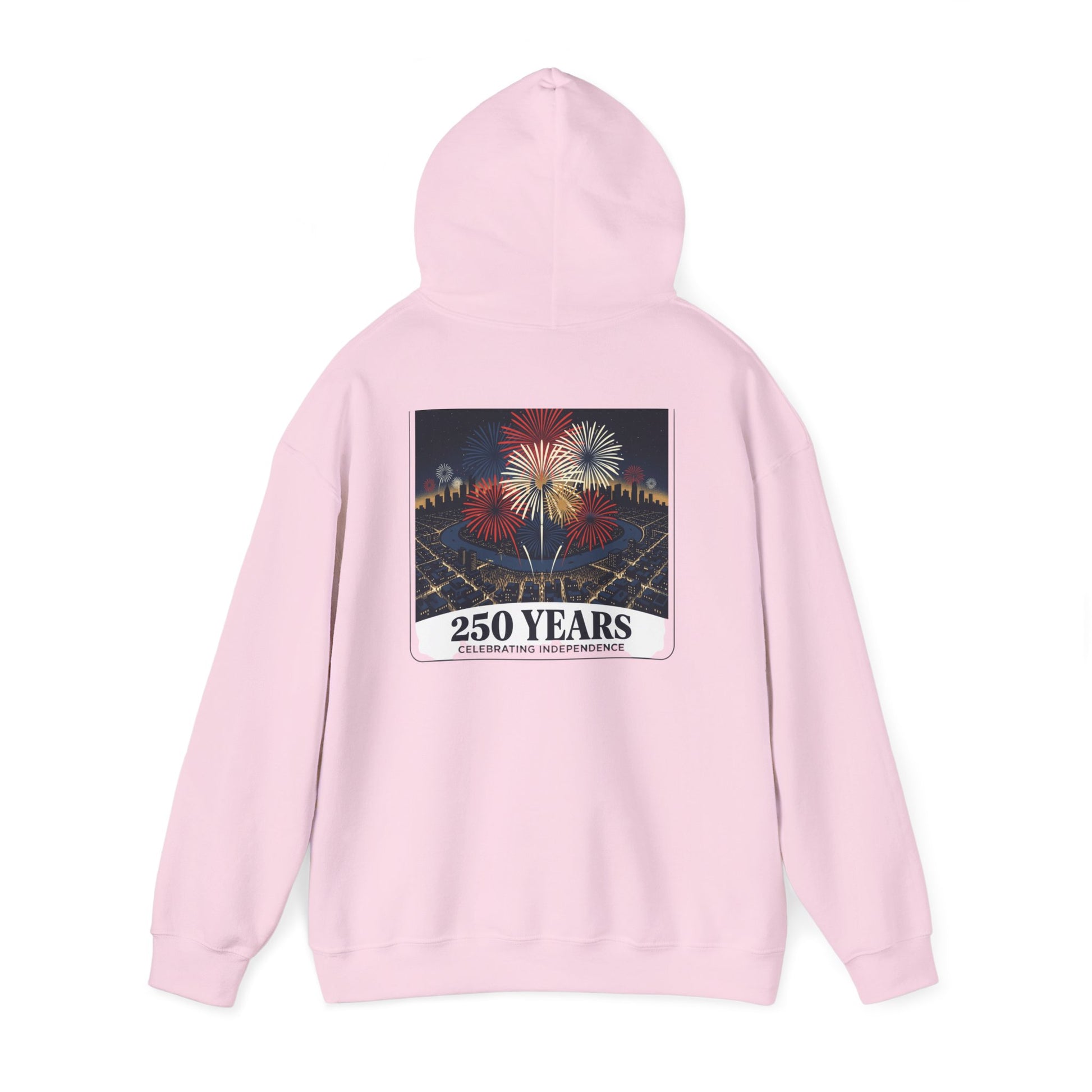 Pink hoodie back view with fireworks graphic and "250 YEARS" label