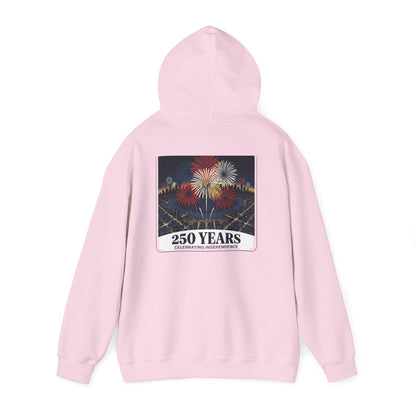 Pink hoodie back view with fireworks graphic and "250 YEARS" label