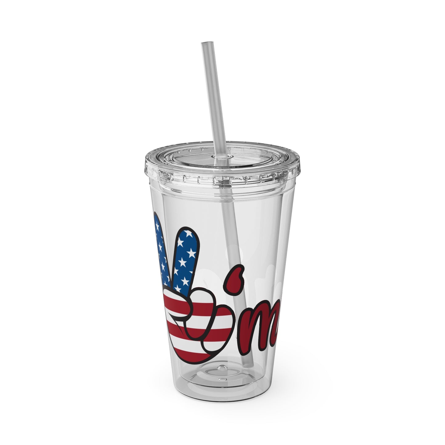 Clear 16oz tumbler with lid and silver straw, patriotic heart and "Em" graphic