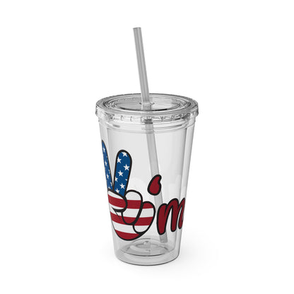 Clear 16oz tumbler with lid and silver straw, patriotic heart and "Em" graphic