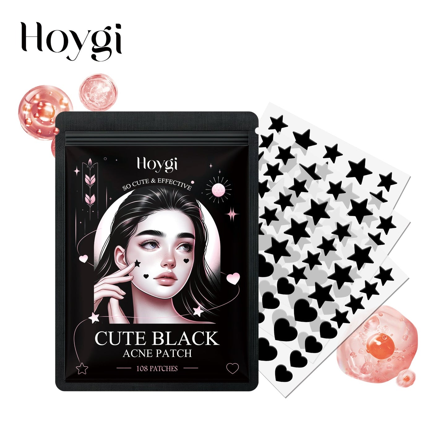 Hoygi cute black acne patch pouch with multiple patch sheets and round patch