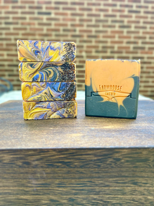 Haunted Hoofbeats scented soap bars, blue swirl design, with tan label