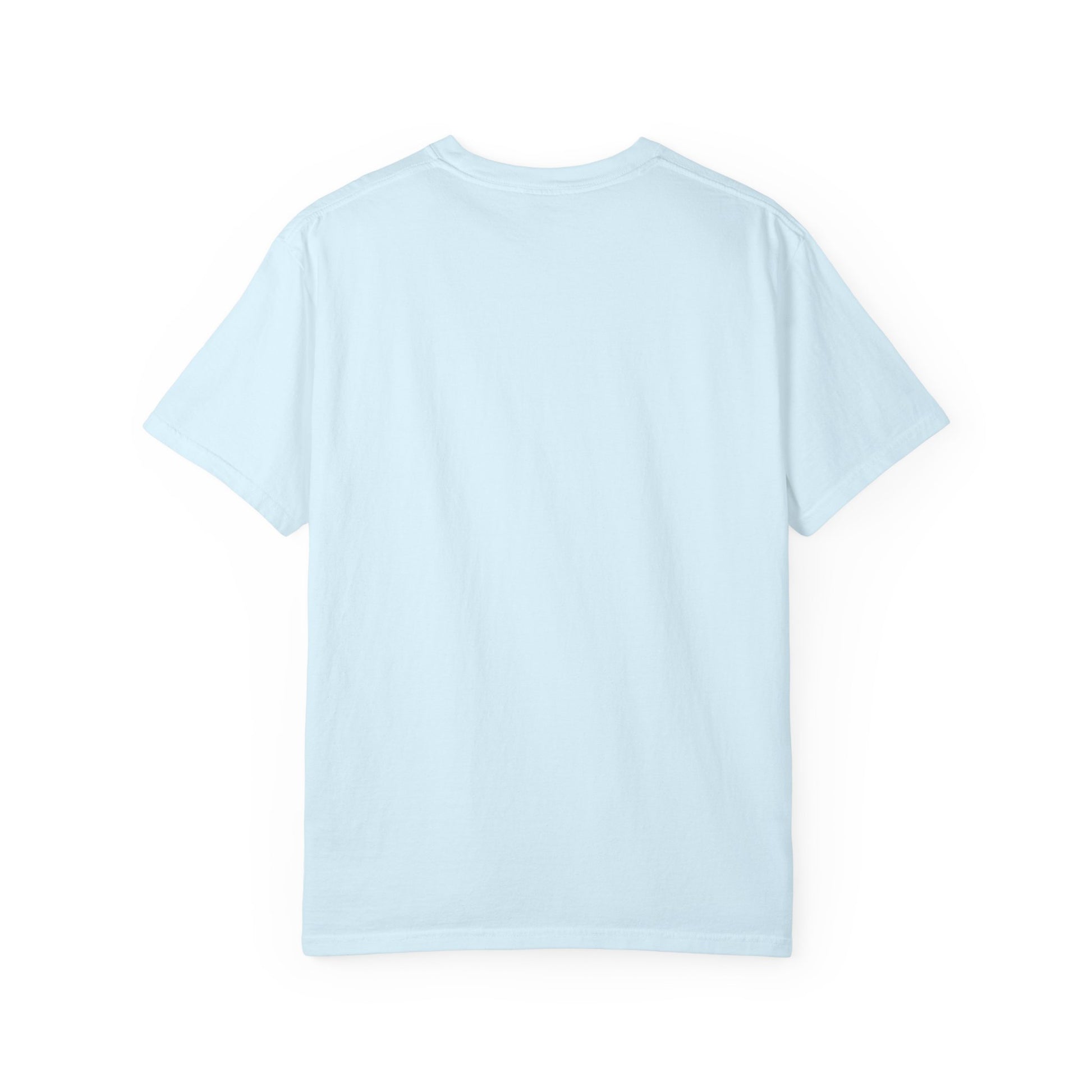 Light blue T-shirt with crew neck and short sleeves, no visible graphic.