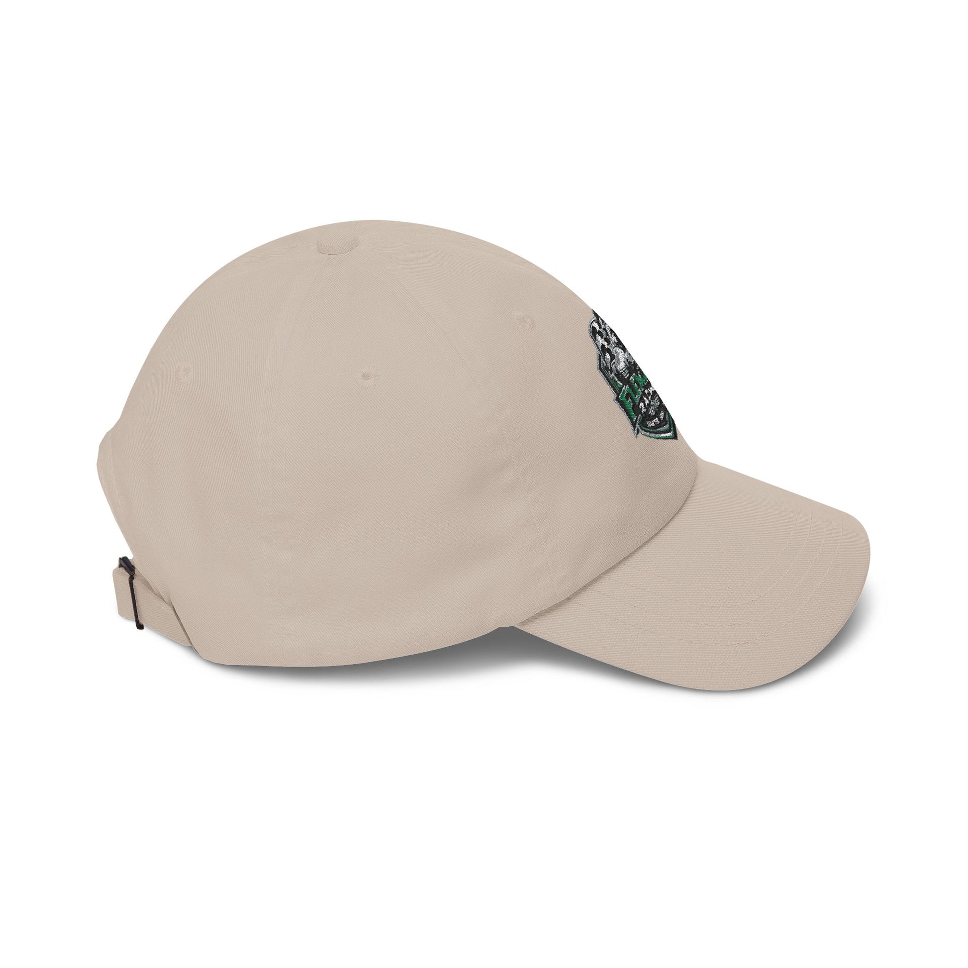 Fleming Racing soccer crest dad cap, khaki, side profile with side patch