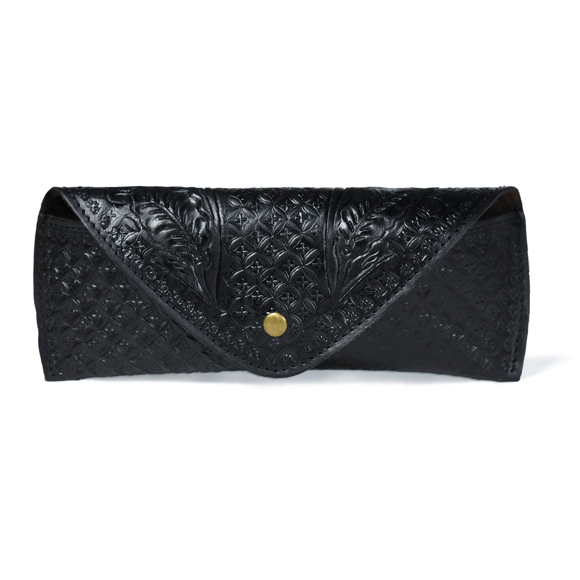 Black textured leather sunglasses cover with center snap and decorative embossed panel