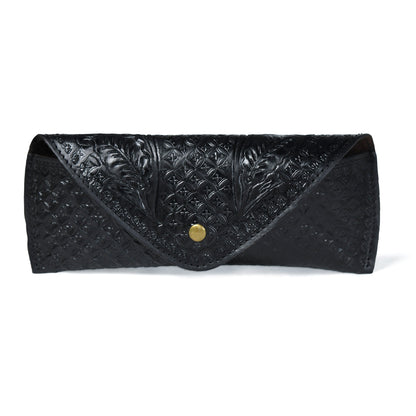 Black textured leather sunglasses cover with center snap and decorative embossed panel