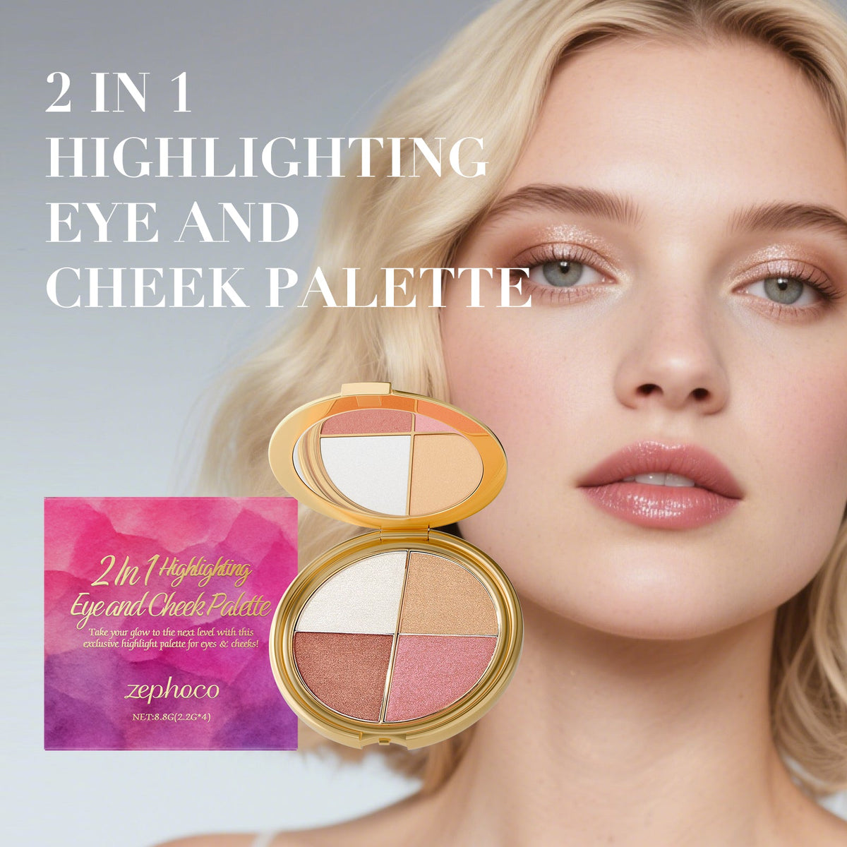 Gold compact eyeshadow and blush palette with four shade pans: cream, beige, peach, rose