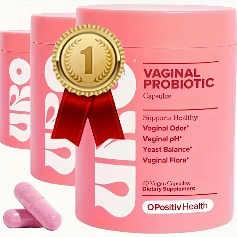 Vaginal probiotic capsule jar with gold badge and pink capsules, 60 count
