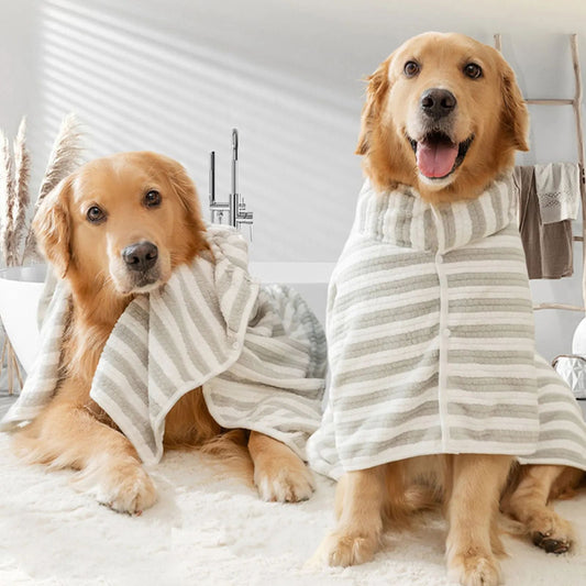 Pet bath towel robe with hood, striped terry cloth wrap for small to large dogs