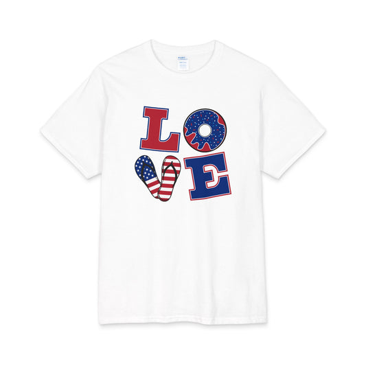 White crew-neck tee with red and blue "LOVE" graphic and patriotic donut-style icon