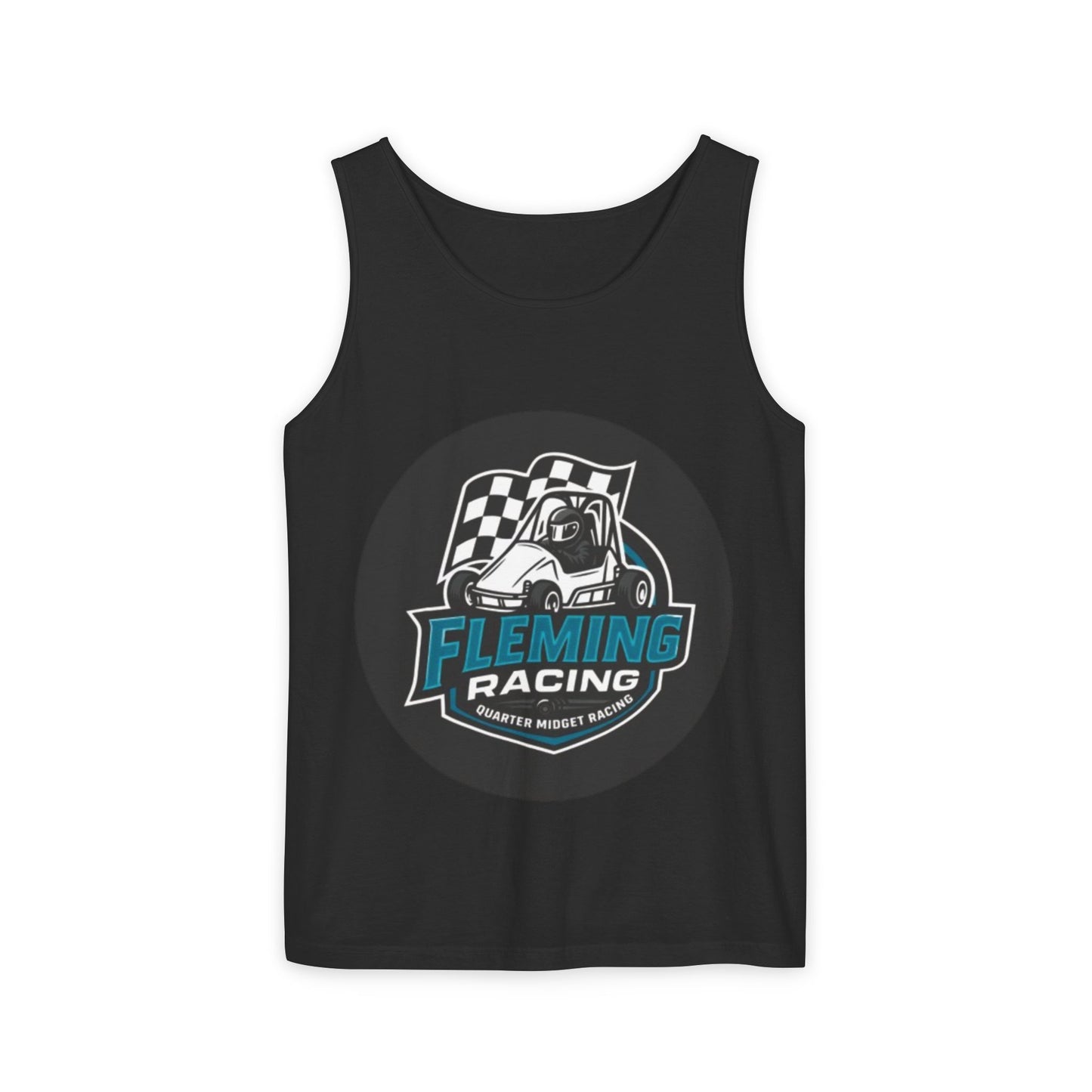Black racing tank top with circular Fleming Racing graphic on front
