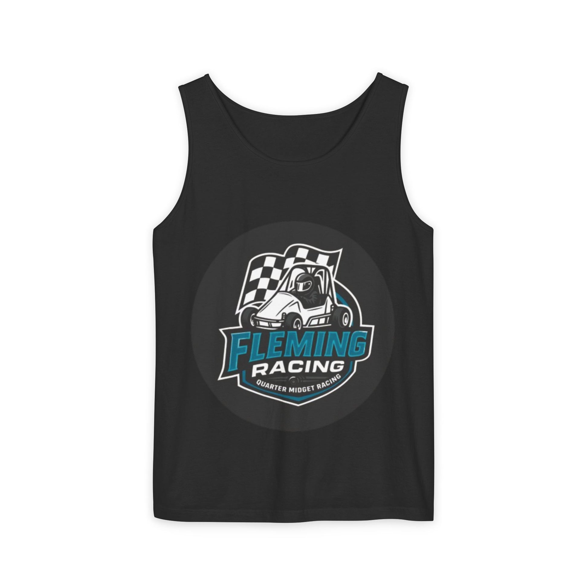 Black racing tank top with circular Fleming Racing graphic on front