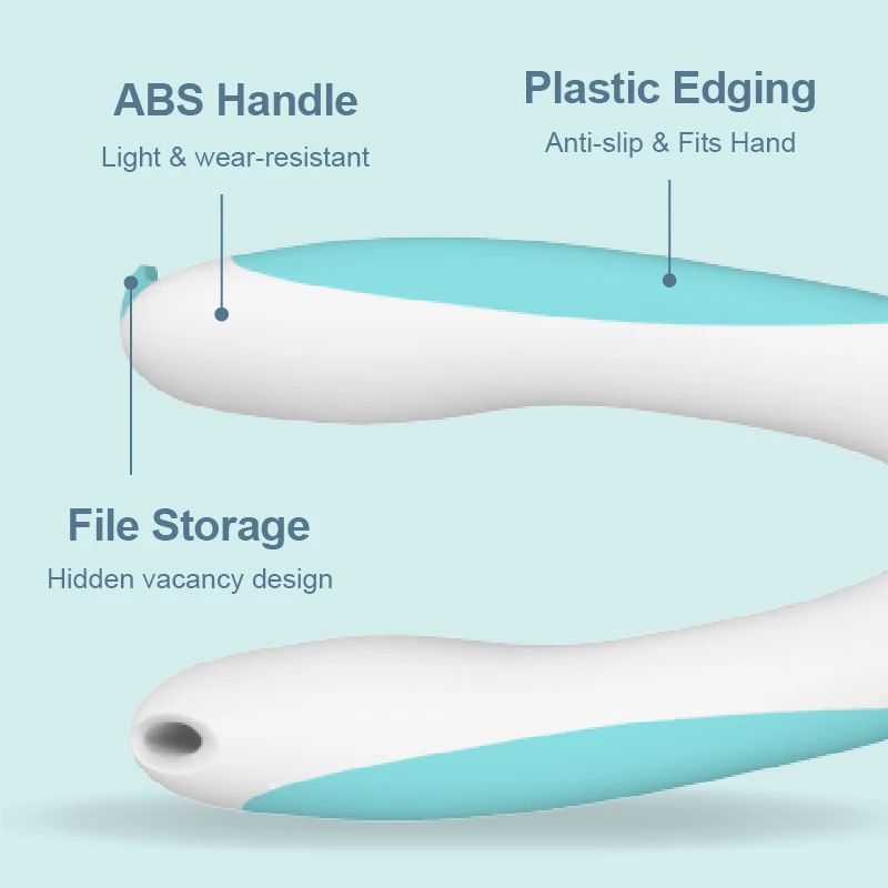 Blue-and-white pet nail clipper handle with file storage slot and anti-slip grip