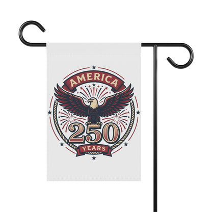 White garden banner with America 250 Years eagle emblem on black pole hooks