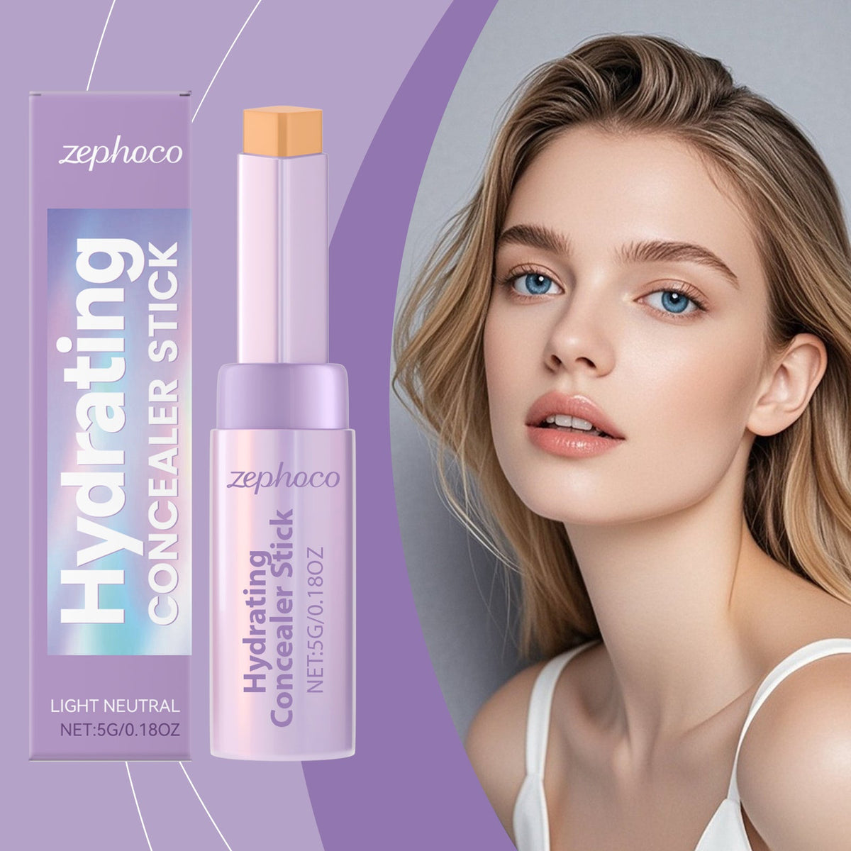 Zephco hydrating concealer stick, light neutral shade, lavender tube and orange cap