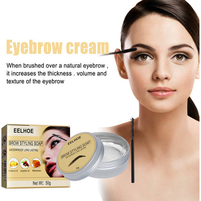 Eyebrow styling gel jar with spoolie brush and box, shown with brushed-up eyebrows.