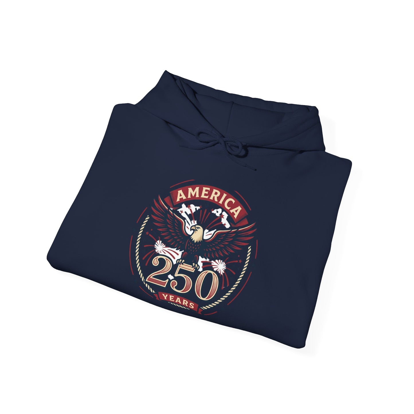 Navy hoodie with chest graphic showing eagle and circular "AMERICA 250 YEARS" art