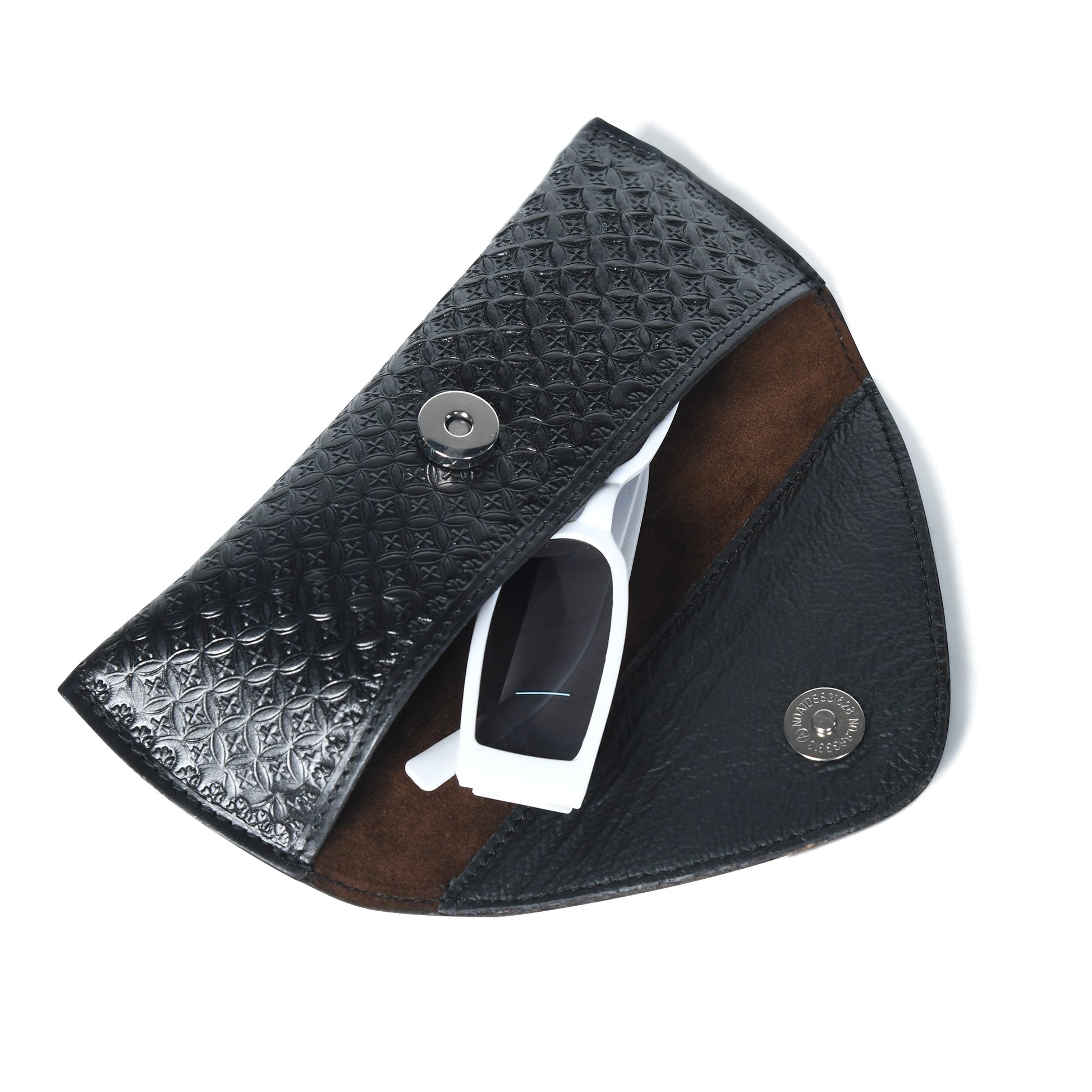 Black leather sunglasses cover with snap closure and side brand badge detail