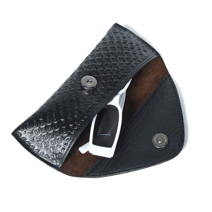 Black leather sunglasses cover with snap closure and side brand badge detail