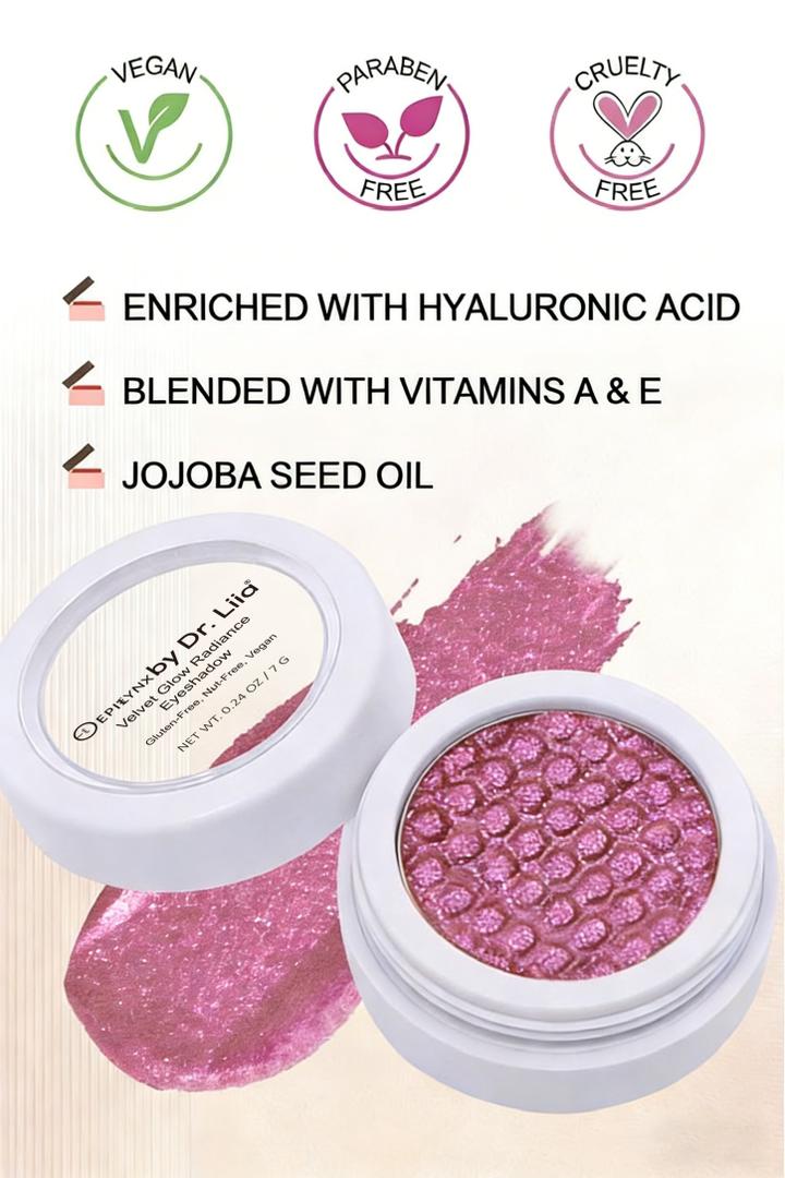 Eyeshadow compact with pink shimmer pan plus vegan and cruelty-free icons