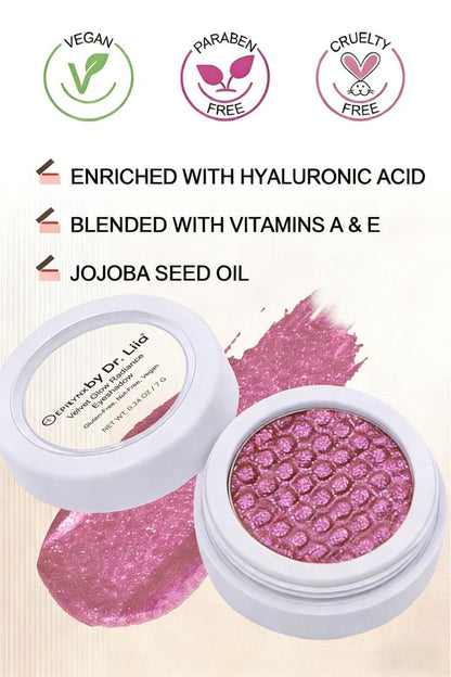 Eyeshadow compact with pink shimmer pan plus vegan and cruelty-free icons