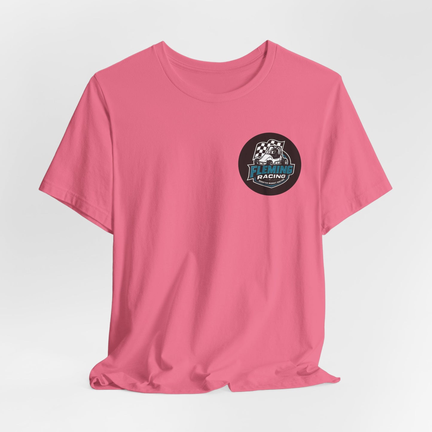 Pink short-sleeve T-shirt with small Fleming Racing round logo emblem on chest