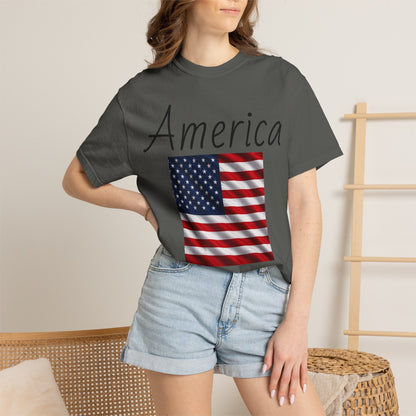 Unisex graphic T-shirt, charcoal gray with “America” script and U.S. flag print
