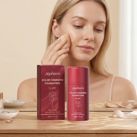 Zephoco color-changing sunscreen foundation bottle with 15 SPF, 30 ml, red packaging