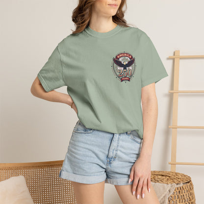 Seafoam green T-shirt with round “America 250 Years” emblem chest print